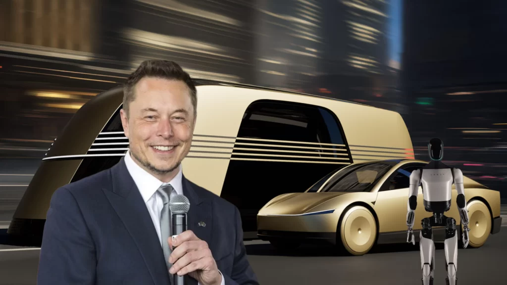 Elon Musk next to his Cybervan and Cybercab cover image for the Tesla's 'We, Robot' Event article