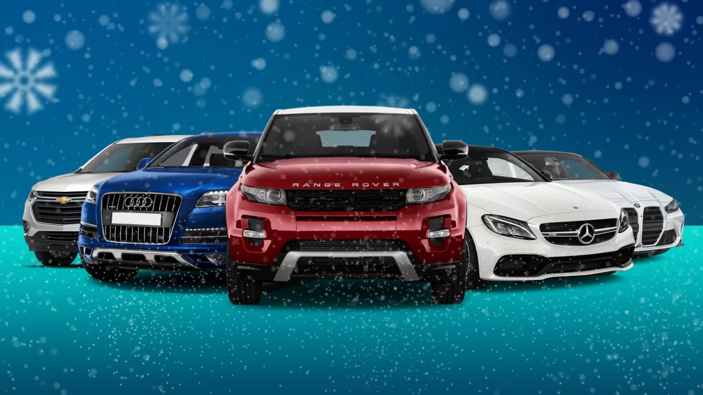 Image of Range Rover, BMW, Mercedes, Audi, and Chevrolet cars in the winter used as a cover for the 5 Heartwarming Car Commercials That Bring Christmas Joy article