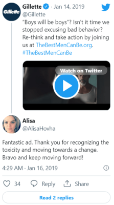 Positive response to a tweet of Gillette's ad