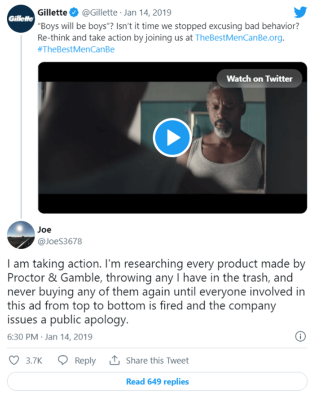 Negative response to a tweet of Gillette's ad